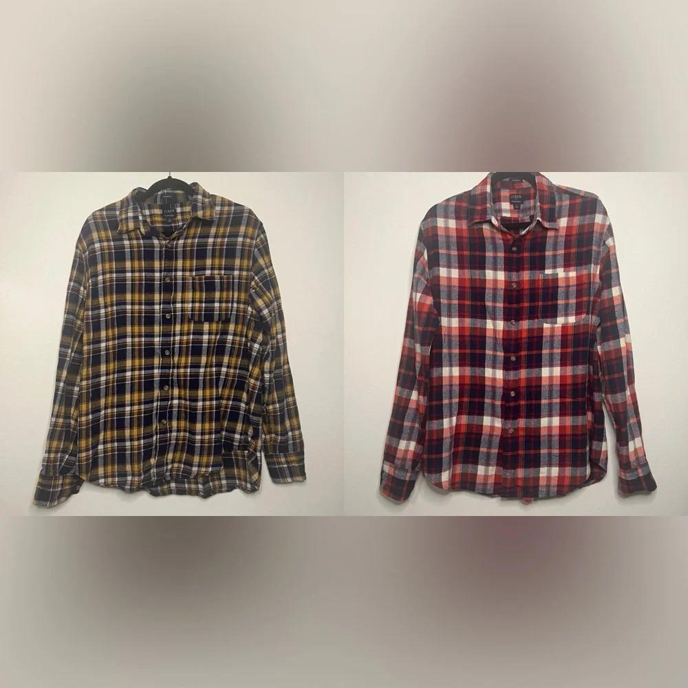 J. Crew Men's Flannel Shirt Bundle - 2 Classic Fit Plaid Shirts‎ Size Large